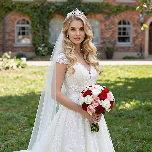 Blonde bride with wavy hair, lace white wedding dress, tiara, and veil, holding red and white bouquet, standing in sunny garden.