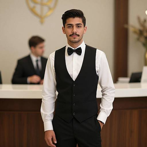 Photograph of a handsome, dark-haired man in a black vest and bowtie, standing in a formal office with a blurred man in the background.
