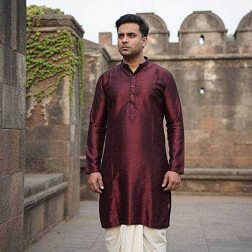 Photograph of a serious-looking South Asian man in a maroon traditional kurta, white trousers, standing in front of ancient stone walls with ivy
