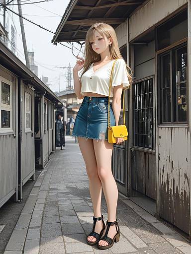 Photograph of a young woman with long blonde hair, white blouse, blue denim skirt, black sandals, and yellow purse, standing in a narrow,