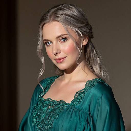 Photograph of a fair-skinned woman with long, wavy silver hair, wearing a teal lace-trimmed blouse, softly lit against a dark