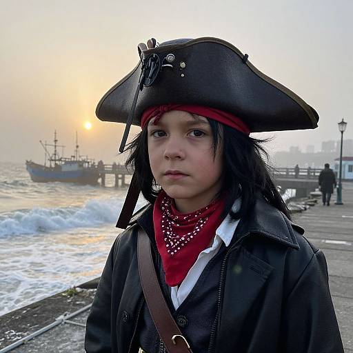 Photograph of a young boy in a pirate costume with a black tricorn hat, red bandana, and black coat, standing on a foggy
