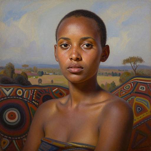 Photorealistic portrait of a young African woman with short hair, bare shoulders, dark skin, and serious expression, set against a colorful, patterned