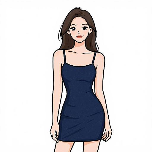 Digital drawing of a smiling Asian woman with long black hair, wearing a tight, navy blue, spaghetti-strap dress, standing against a plain white background