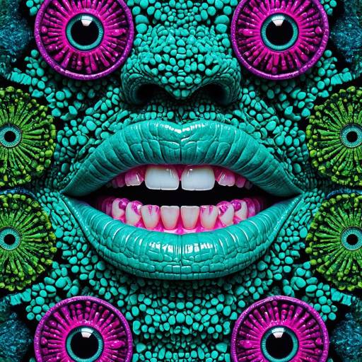 Surreal Psychedelic Organic Face with Human Teeth and Compound Eyes