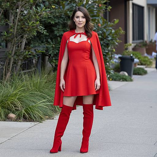 Photograph of a woman with medium-length brown hair, wearing a vibrant red dress, cape, and thigh-high boots, standing on a sidewalk with green