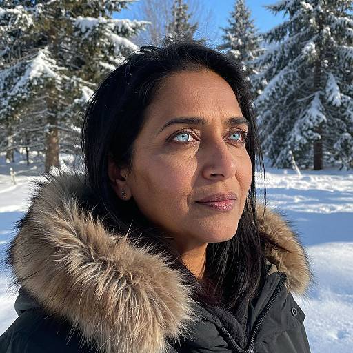 Photograph of a middle-aged woman with dark hair, blue eyes, and medium brown skin, wearing a fur-trimmed winter coat, standing in