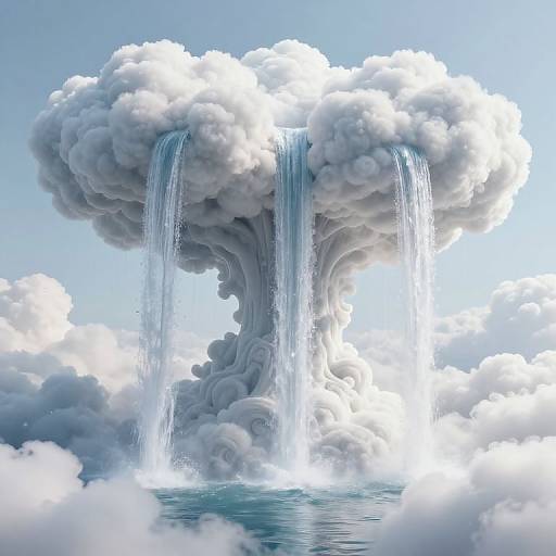 Digital artwork of a surreal, cloud-like waterfall structure with three vertical waterfalls cascading from a fluffy, white cloud against a clear blue sky, with