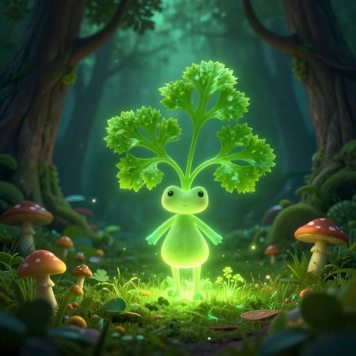 Glowing, cartoonish green plant with leafy antlers and large eyes stands in a mystical forest, surrounded by luminescent mushrooms. Digital