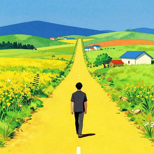Person Walking on Yellow Road in Colorful Countryside