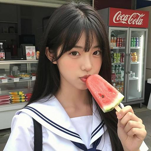 Asian Woman Eating Watermelon Popsicle Outdoors