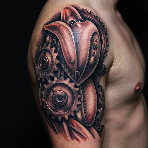 Biomechanical Flesh Gear Tattoo Close-Up