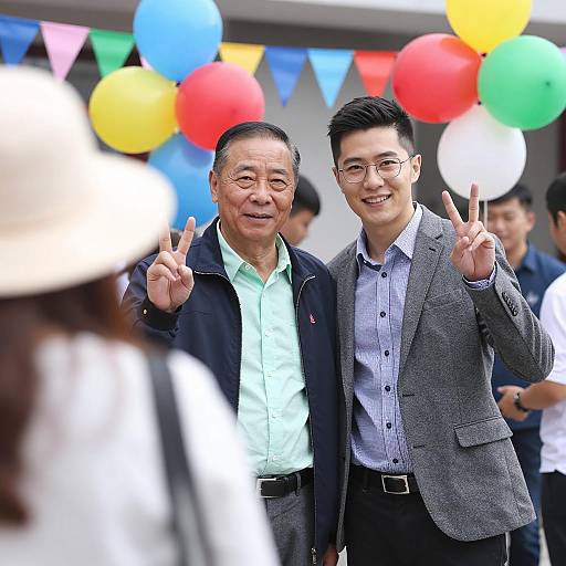 Two Men Posing with Peace Signs at Celebration