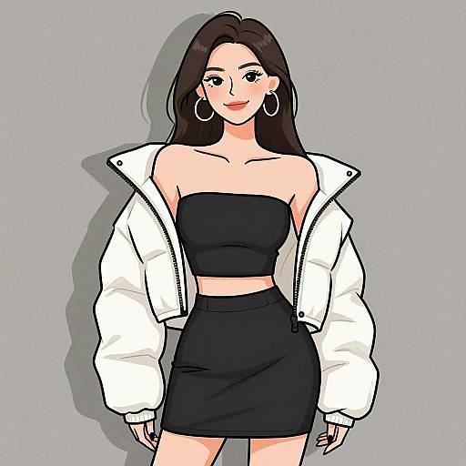 Digital drawing of a smiling woman with long brown hair, wearing a black strapless crop top, black skirt, and white jacket, against a gray background