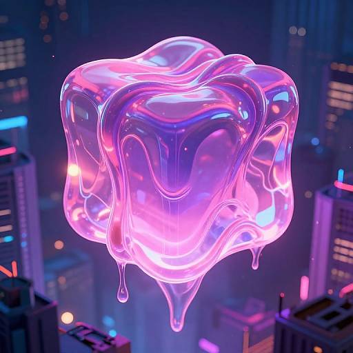 Neon pink and blue, translucent, jelly-like orb with dripping edges floats above a futuristic cityscape of glowing skyscrapers. CGI artwork.