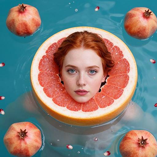 Red-Haired Woman Floating with Fruit