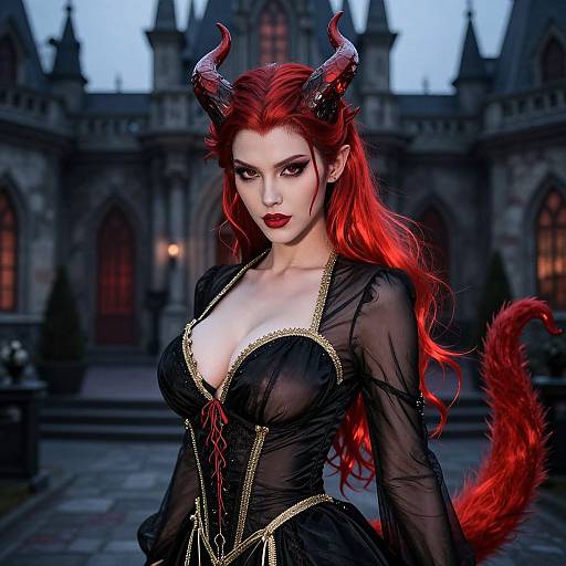 Digital artwork of a pale-skinned, red-haired demon woman with black horns, red tail, and black sheer dress in a gothic castle courtyard at