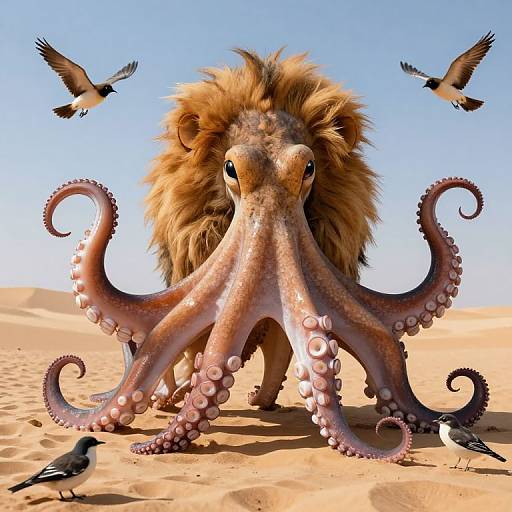 Photorealistic digital artwork of a lion with octopus tentacles, standing in a desert with two flying and one perched bird.
