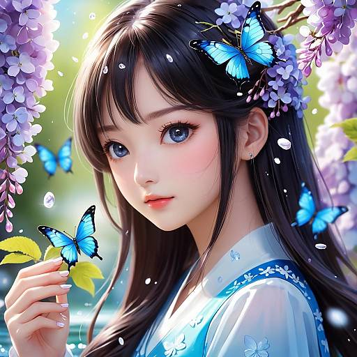 Blue Butterfly Girl in Blurry Bloom