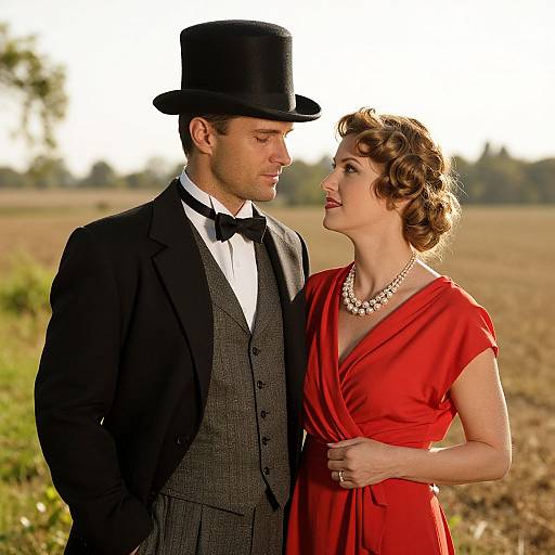 Photograph of a vintage couple: man in black top hat and gray three-piece suit, woman in red dress and pearl necklace, standing outdoors in a