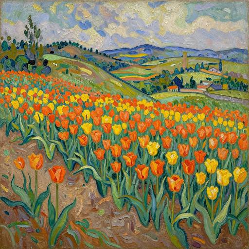 Vibrant oil painting of a vast field of orange and yellow tulips, rolling hills, and a cloudy sky, using thick, expressive brushst