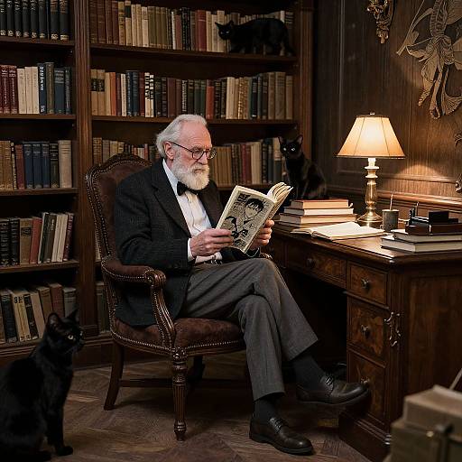 Photograph of an elderly white man with a white beard, glasses, and black suit, reading a book in a dimly lit, wooden library,