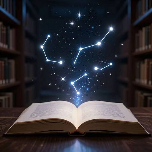 Open book on wooden table, glowing constellations rise from pages, dark library background, digital artwork, magical, starry night effect.