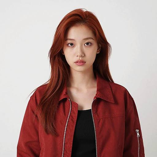 Photograph of a young Asian woman with long red hair, fair skin, wearing a red jacket over a black top, against a plain white background.