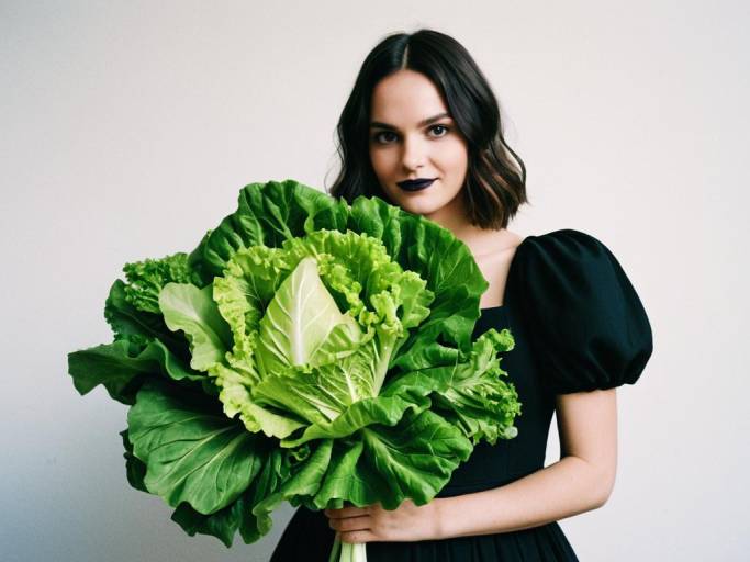 Woman in Black Dress Holding Large Lettuce Bouquet