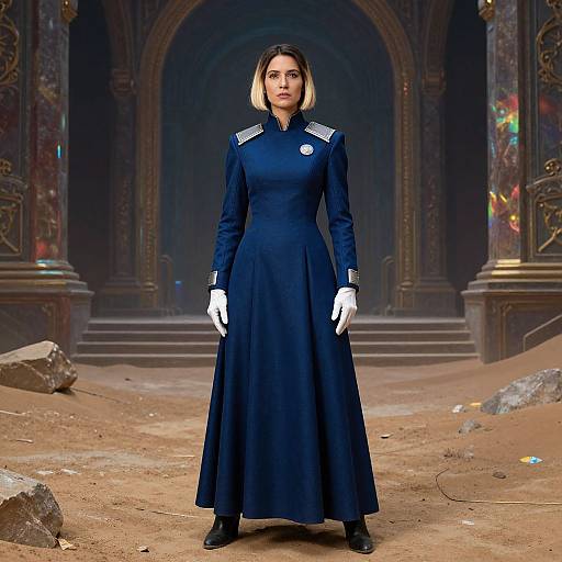 Photograph of a serious woman in a navy long-sleeve dress with white gloves, standing in a dusty, ruined archway.
