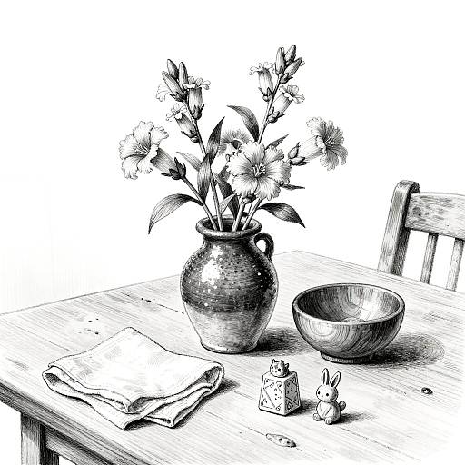 Whimsical Black-and-White Clay Jar Still Life