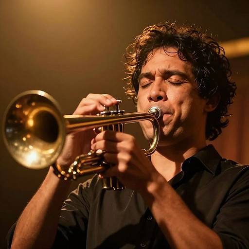 Photograph of a curly-haired man with closed eyes, playing a shiny brass trumpet in a dimly lit, warm-toned room.