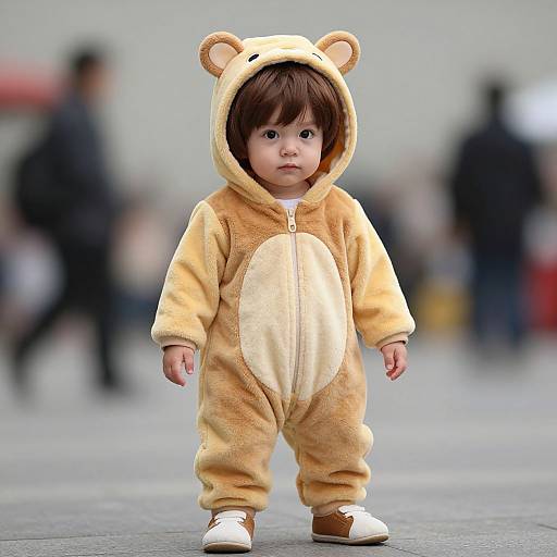 Photograph of a young child in a fluffy, tan bear onesie with bear ears, standing in a blurred urban background.