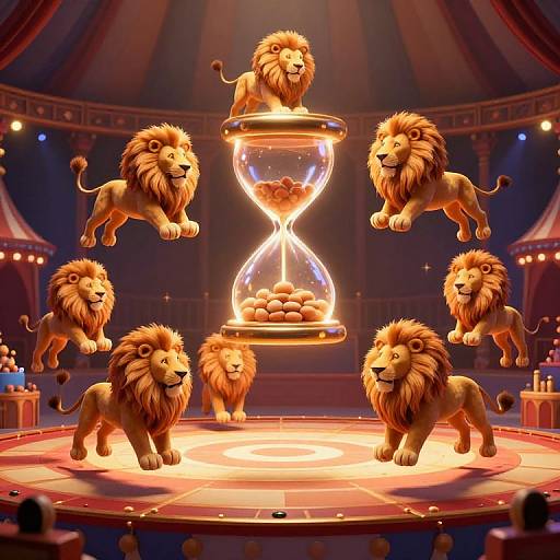 Digital art of seven animated lions in a circus ring, surrounding a glowing hourglass filled with golden acorns. Rich reds and warm lights create a