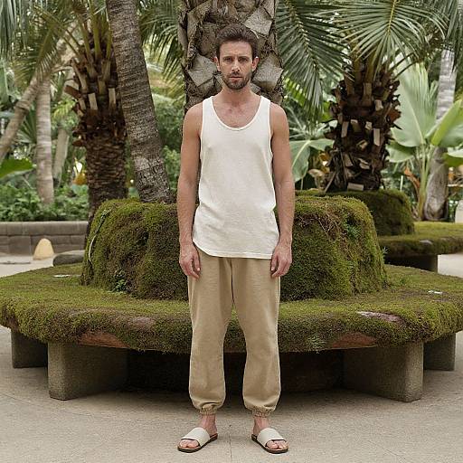 Photograph of a bearded man with dark hair, wearing a white tank top, beige pants, and sandals, standing in front of moss-covered benches