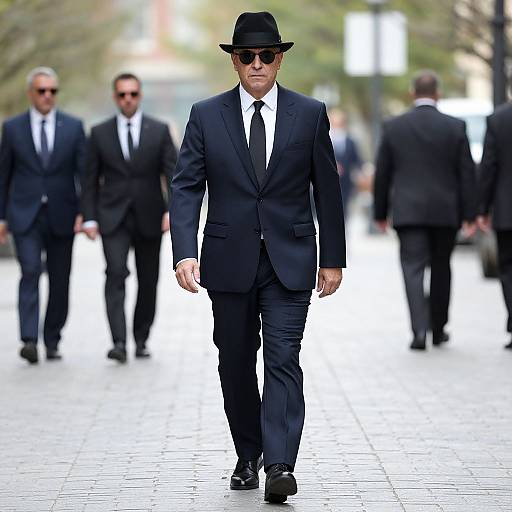 Photograph of a confident man in a black suit, white shirt, black tie, black hat, and sunglasses, walking down a sunlit, blurred