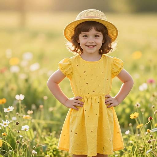 Photograph of a smiling young girl with fair skin, brown hair, and freckles, wearing a yellow dress and straw hat, standing in a