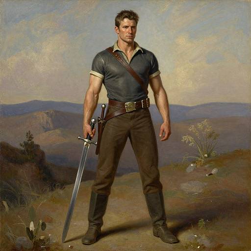 Painting of a muscular, fair-skinned man with short brown hair, wearing a dark blue shirt, brown pants, and boots, holding a sword