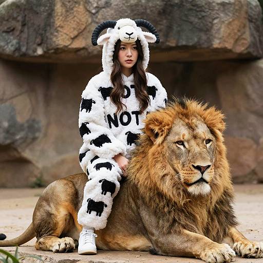 Woman Sitting on Lion at Zoo