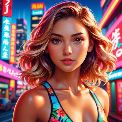Dynamic Surfer Girl in Tokyo Lights