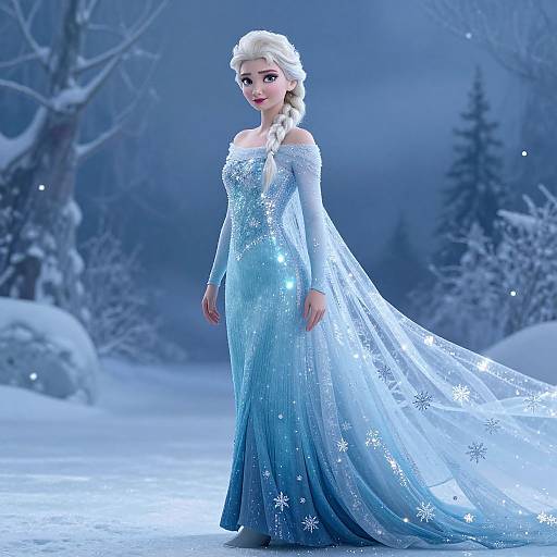 Digital artwork of a fair-skinned, blue-eyed Elsa from Frozen in an off-shoulder, icy blue, snowflake-embellished gown