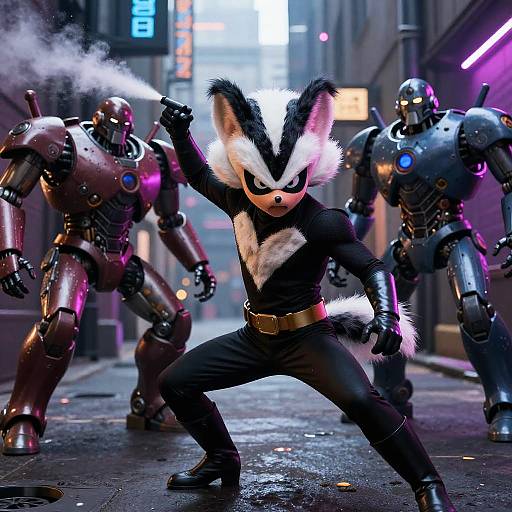 Skunk Superhero Defending Against Robot Villains