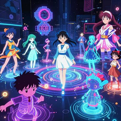 Digital anime-style illustration of a group of seven children with glowing, neon holographic effects in a futuristic cityscape, standing on circular, colorful energy platforms