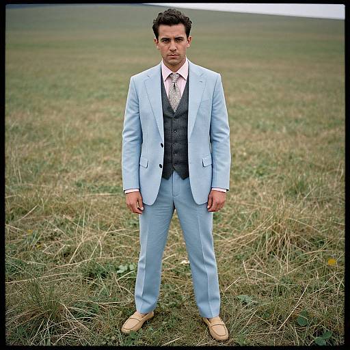 Photograph of a serious-looking man in a light blue suit, gray vest, patterned tie, and tan shoes, standing in a grassy field
