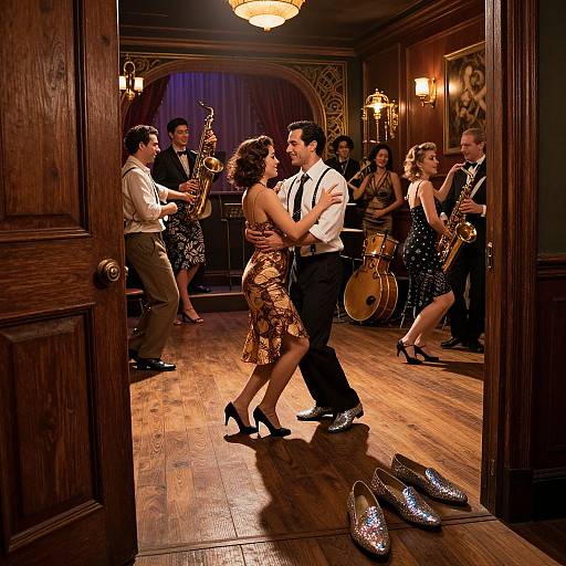 Photograph of a swing dance party in a dimly lit, wood-paneled room with jazz musicians playing saxophones and saxophonists, dancers