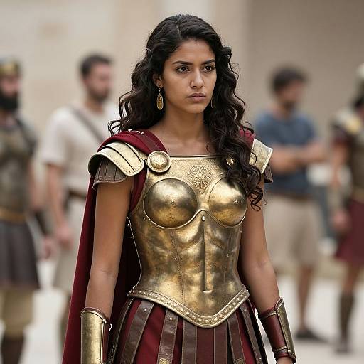 Photograph of a young woman with long, wavy black hair, wearing ancient Roman-style golden armor and maroon cape, standing confidently in a blurred