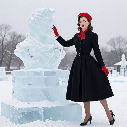 Vintage-style woman in black dress, red gloves, and hat, touching an icy sculpture in a snowy park. Photographic image.