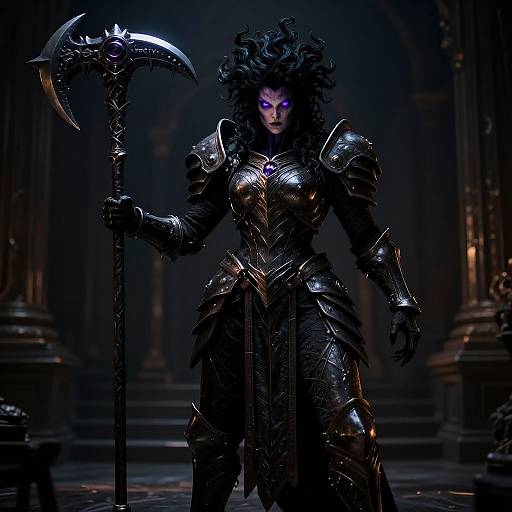 Dark fantasy warrior woman with glowing purple eyes, black wavy hair, and intricate black armor holding a spiked scythe in a dimly lit, go