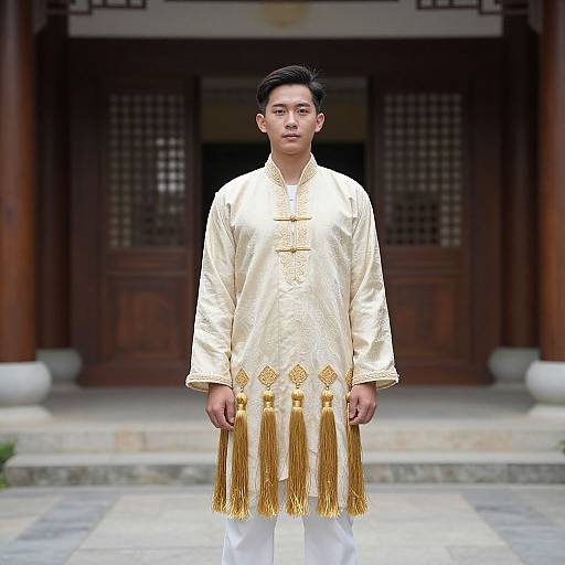 Photograph of an Asian man in a gold embroidered traditional Korean hanbok with tassels, standing in front of a wooden temple door.
