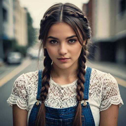 Young Woman with Twin Braids in Denim Overalls